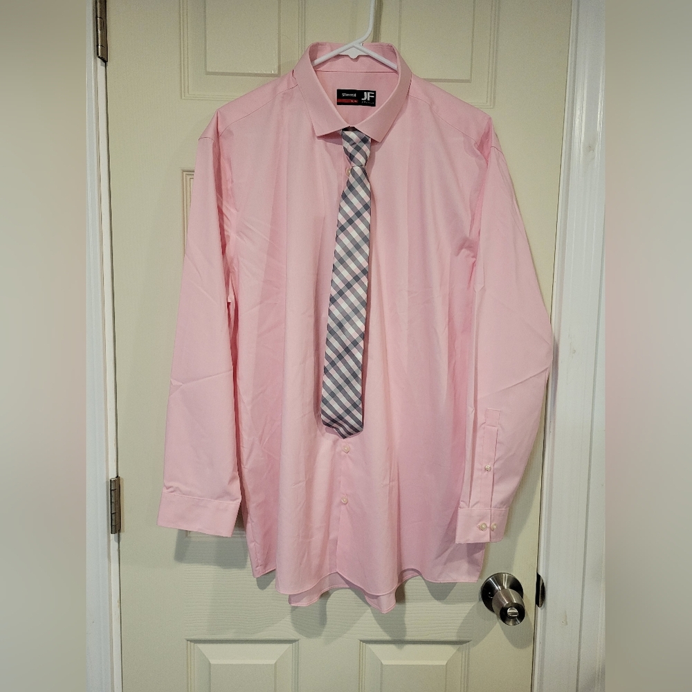 NWT JF J. Ferrar Slim Fit Pink Dress Shirt & Tie Set - Men's XL (17-17.5 32/33)